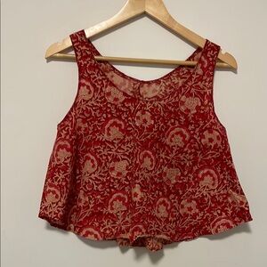 Hand-sewn red floral indian block print cotton sleeveless round neck swing top